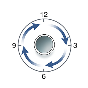Tracheostomy tube surrounded by clock face with four arrows to show direction for cleaning.