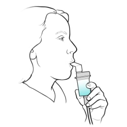 Person holding medicine cup, with lips closed on mouthpiece.