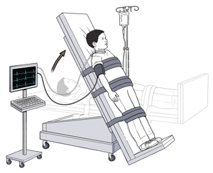 Child on tilt table. Arrow depicting table tilting upright from horizontal position.