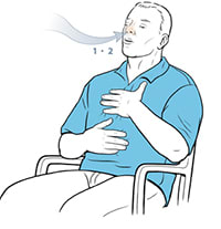 Man sitting in chair inhaling through nose.