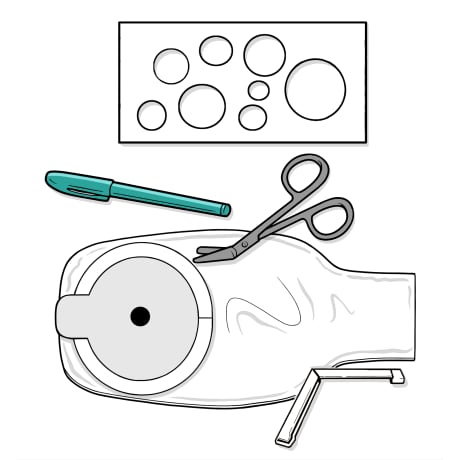 Supplies needed to size stoma, including measuring guide, pen, curved scissors, closure clip, and ostomy bag.