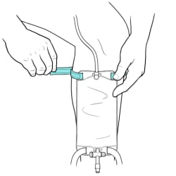 One hand holding catheter bag on lower leg and other hand using top straps to fasten leg bag to leg.