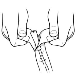 Person opening bag containing new disposable catheter at funnel end of catheter.