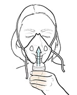 Woman inhaling medicine through nebulizer face mask on face.