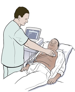 Technician holding wand against man's chest to check pacemaker.