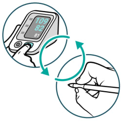 Finger pressing start button on blood pressure monitor screen to take reading and hand with pencil and arrows showing steps repeating.