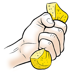 Hand squeezing sponge.