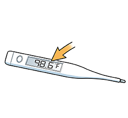 Digital thermometer with reading of 98.6 degrees.
