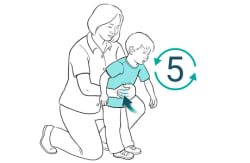 Adulto arrodillado detrás del niño, con los brazos alrededor de la cintura del niño, las manos agarradas contra el abdomen del niño, dando compresiones hacia arriba en el abdomen.