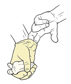 Two fingers of one hand pulling surgical glove off other hand.